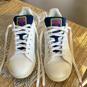 adidas Stan Smith White Sneakers with Navy and Neon Accents